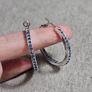 Blue Crystal Silver-Tone Mixed Metal Hoop Earrings ~ Made with Swarovski Crystal